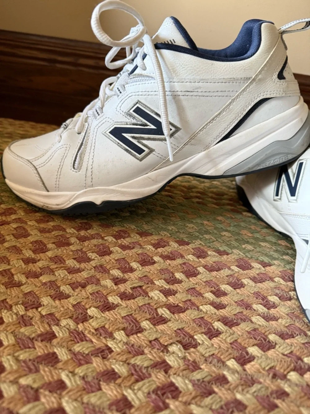 New Balance White and Navy Athletic Sneakers - Picture 6 of 9